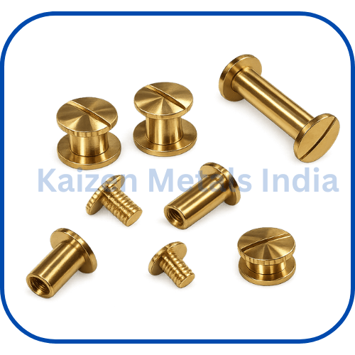 brass hardware fasteners including screws bolts and rivets on a white background